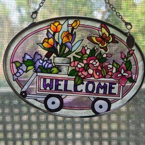 Vintage AMIA "WARNING ATTACK CAT" Suncatcher Hand Painted Glass In Box 4.5"